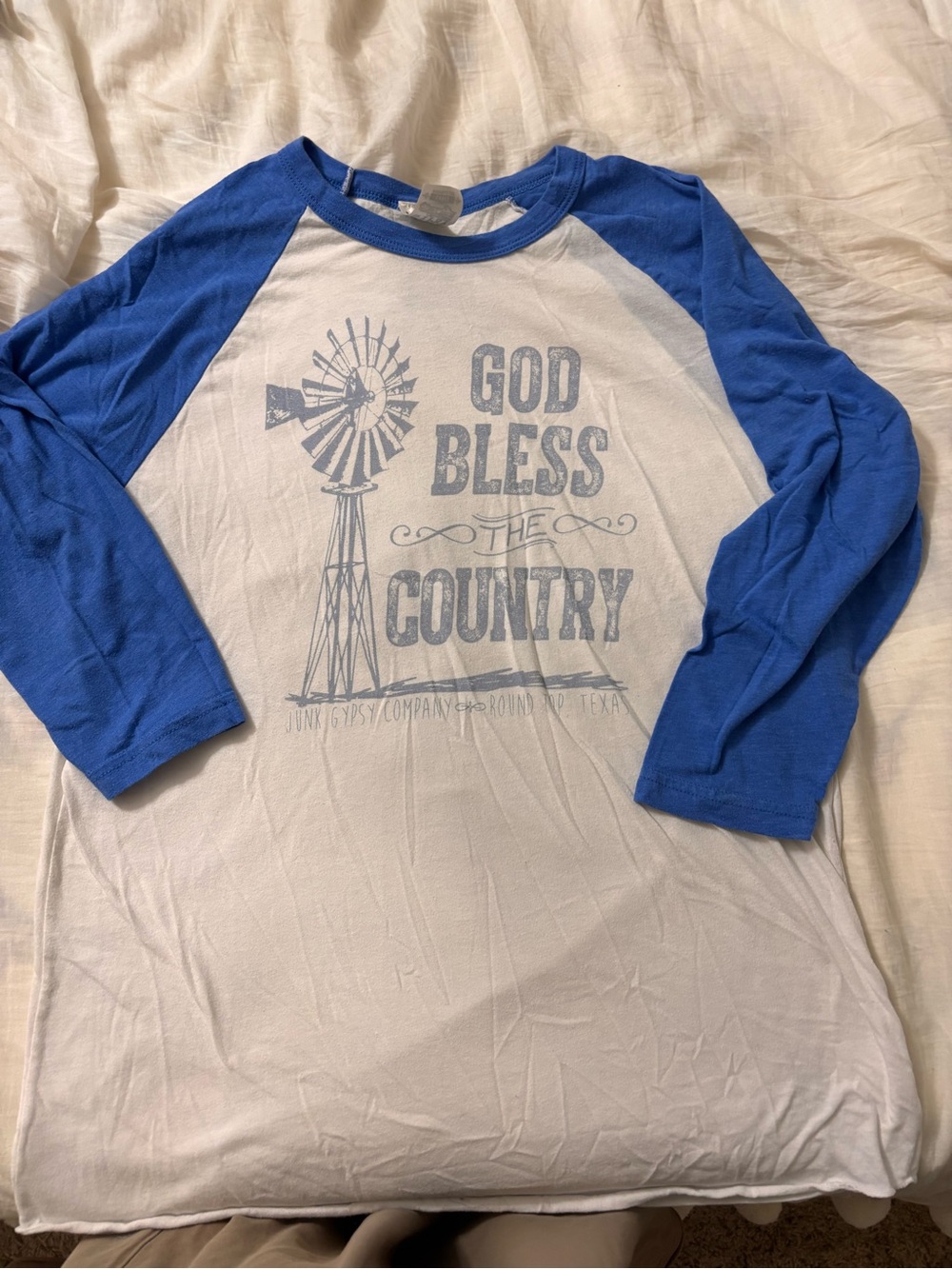 White and Blue Raglan Long-Sleeve Tee with 'God Bless the Country' Graphic